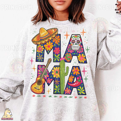 a woman wearing a sweatshirt with a mexican design