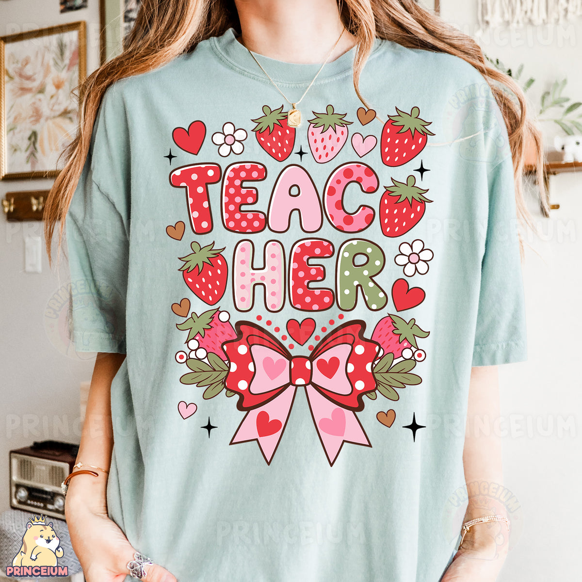 a woman wearing a t - shirt that says teach her