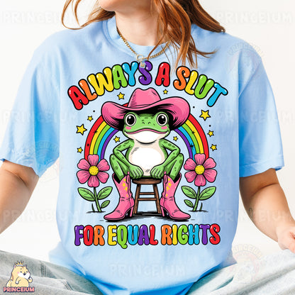 a woman wearing a blue shirt with a frog wearing a pink cowboy hat