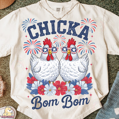 a white t - shirt with a picture of two chickens on it