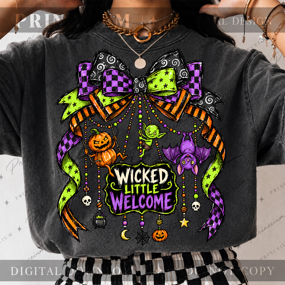 Wicked Little Welcome Halloween PNG – Spooky Bow & Charms Design | Digital Download