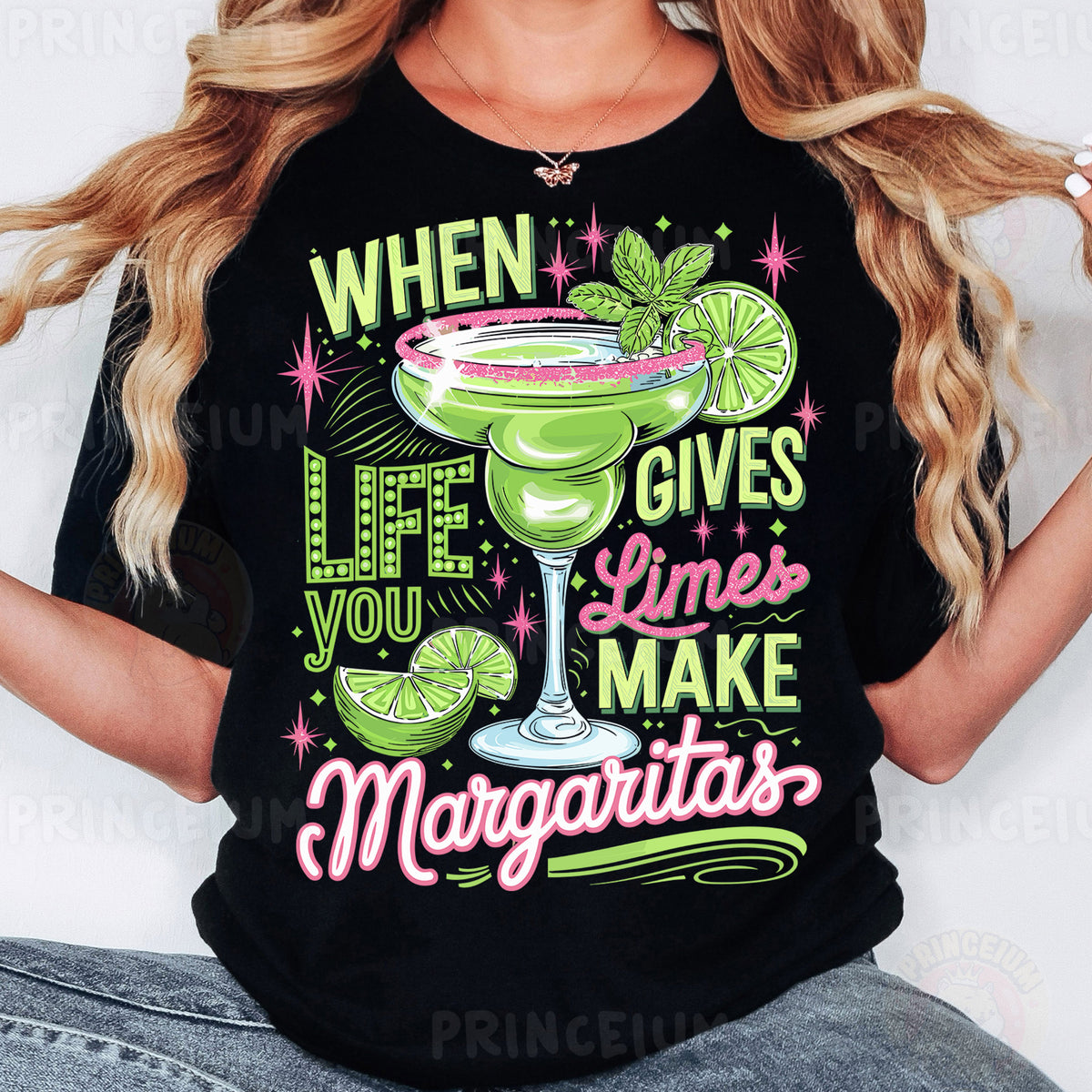 a woman wearing a t - shirt that says when life gives limes make margarita