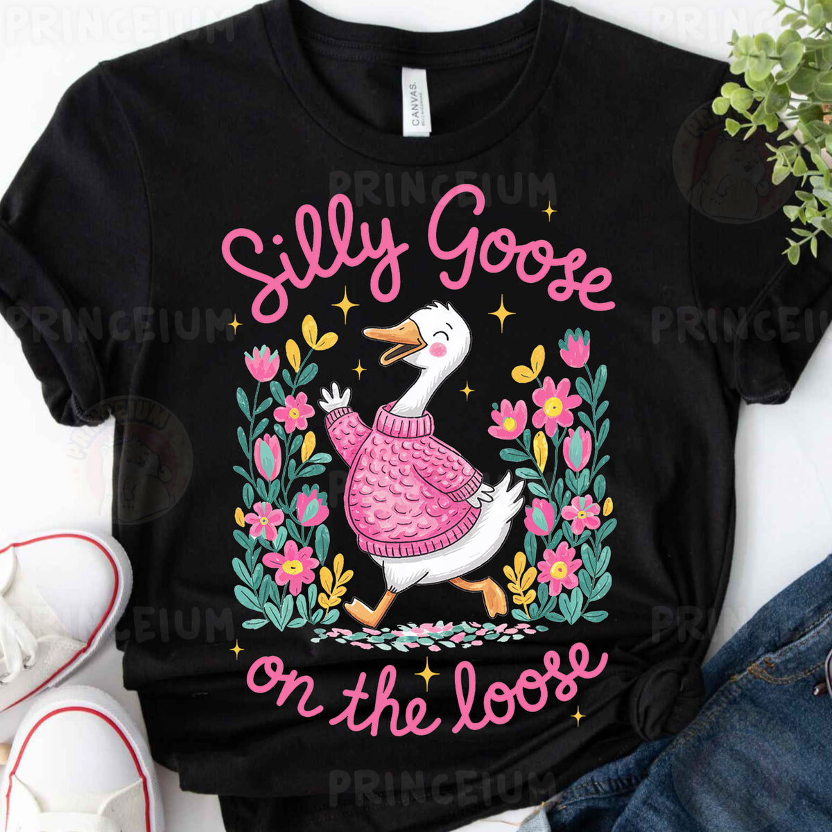 a t - shirt with a goose wearing a pink sweater