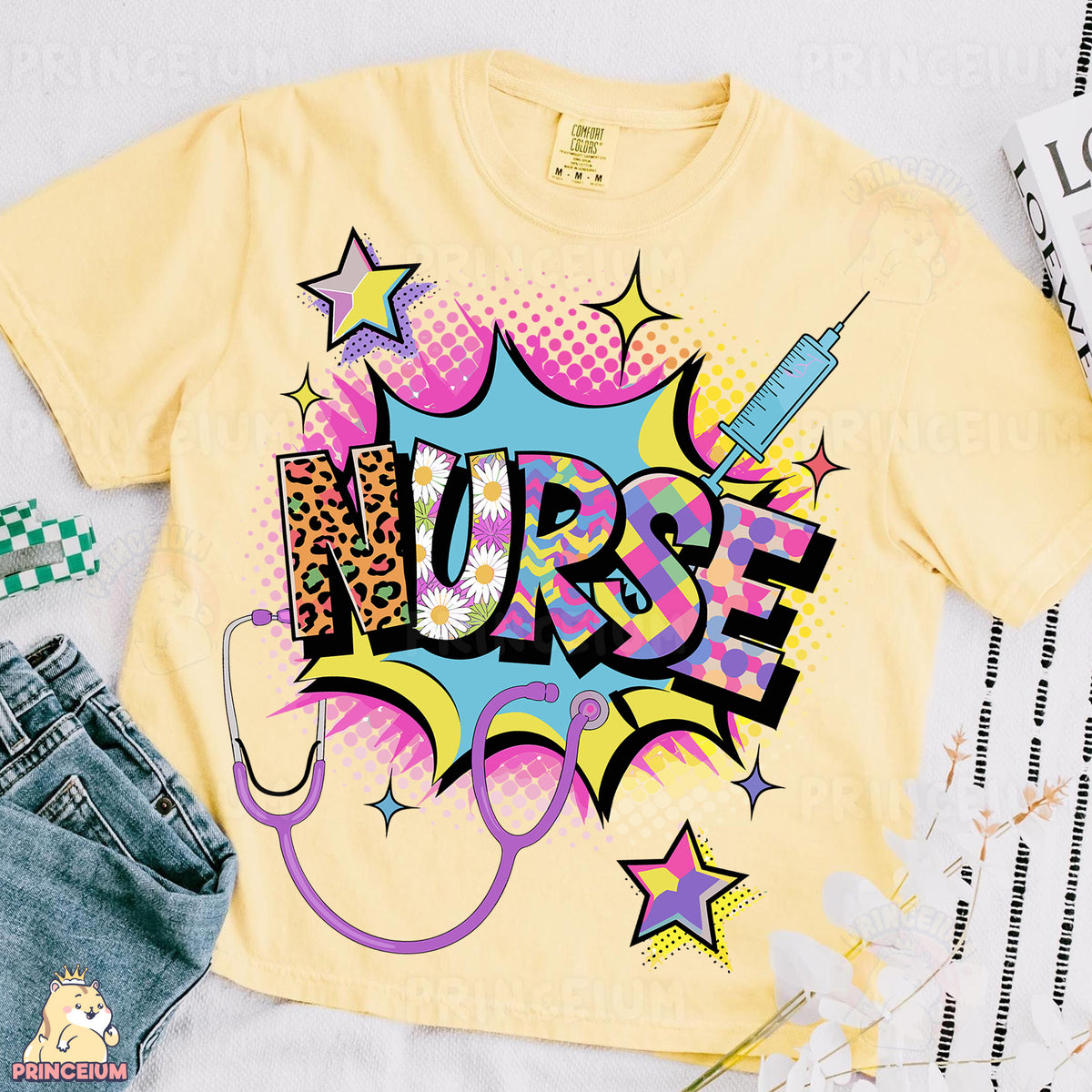 a yellow shirt with the word nurse printed on it