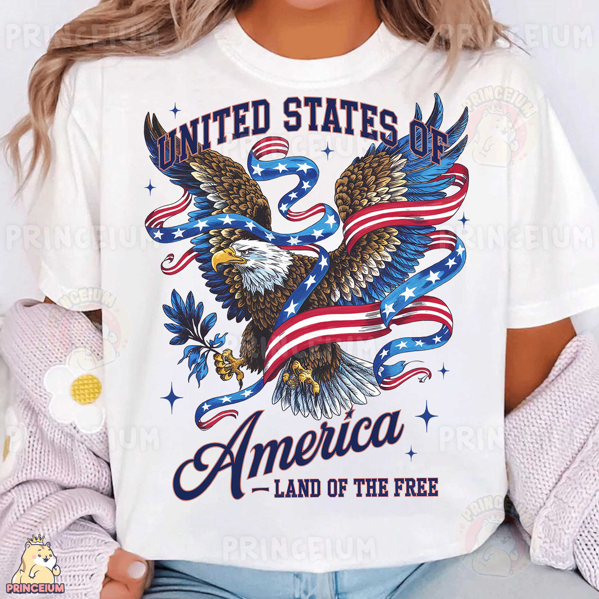 a woman wearing a united states of america t - shirt