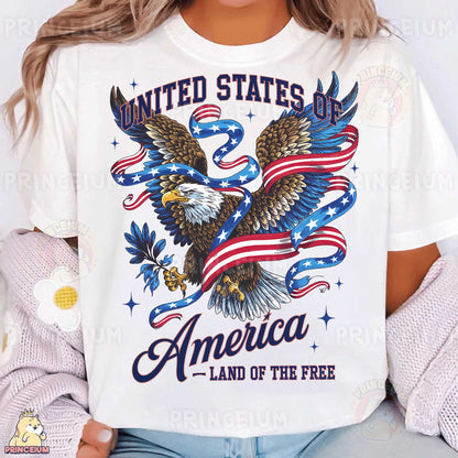 a woman wearing a united states of america t - shirt