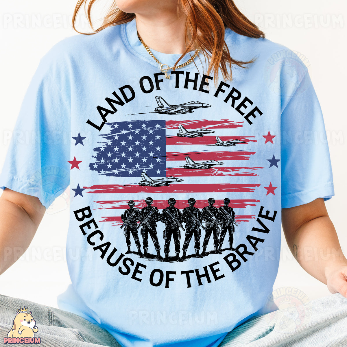 a woman wearing a t - shirt that says land of the free because of the