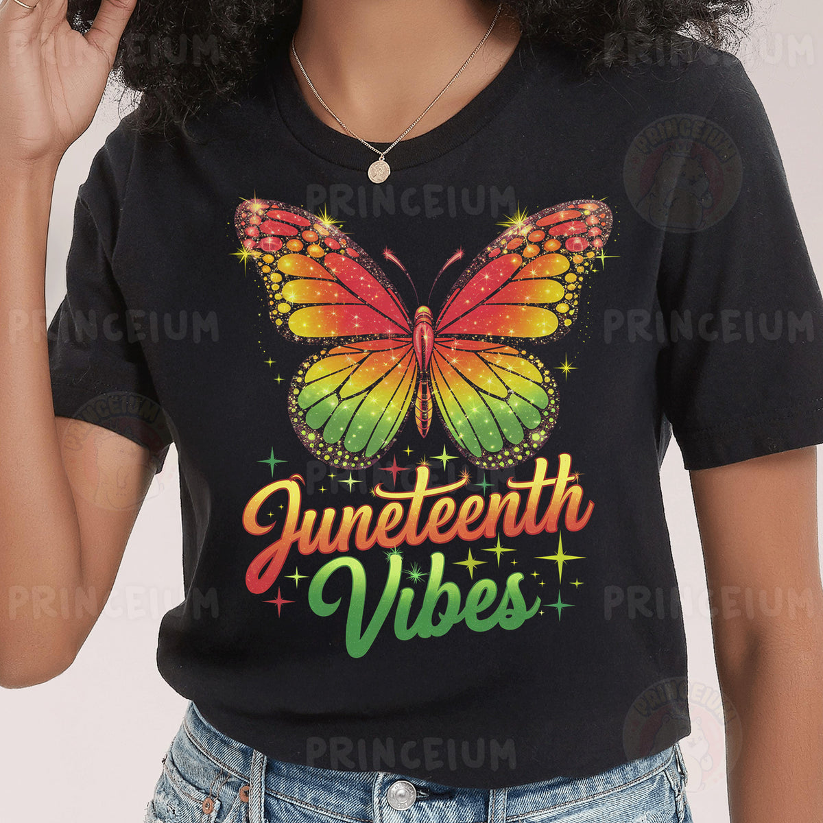 a woman wearing a black shirt with a butterfly on it