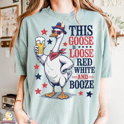a woman wearing a goose t - shirt with a beer in her hand