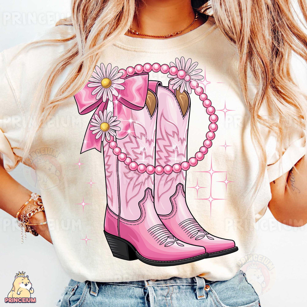 a woman wearing a pink cowboy boot t - shirt