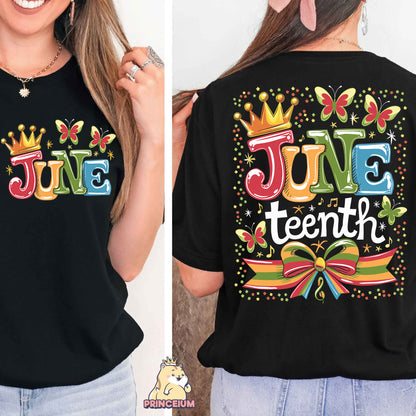 a woman wearing a t - shirt that says juneteeth