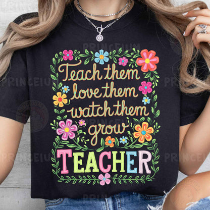 a woman wearing a teacher t - shirt