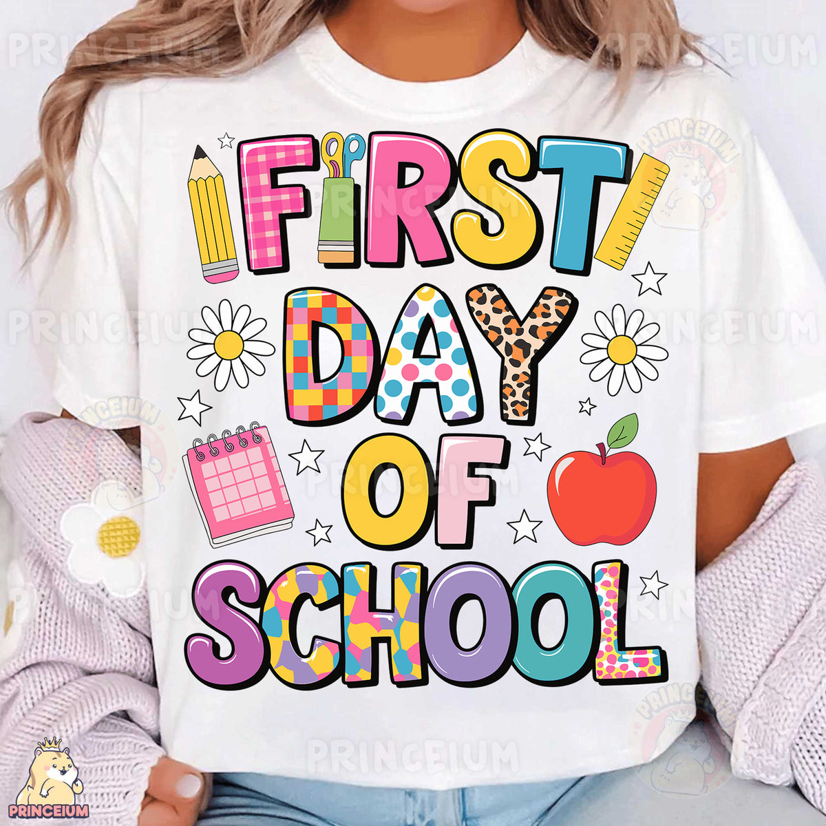 a woman wearing a t - shirt that says first day of school