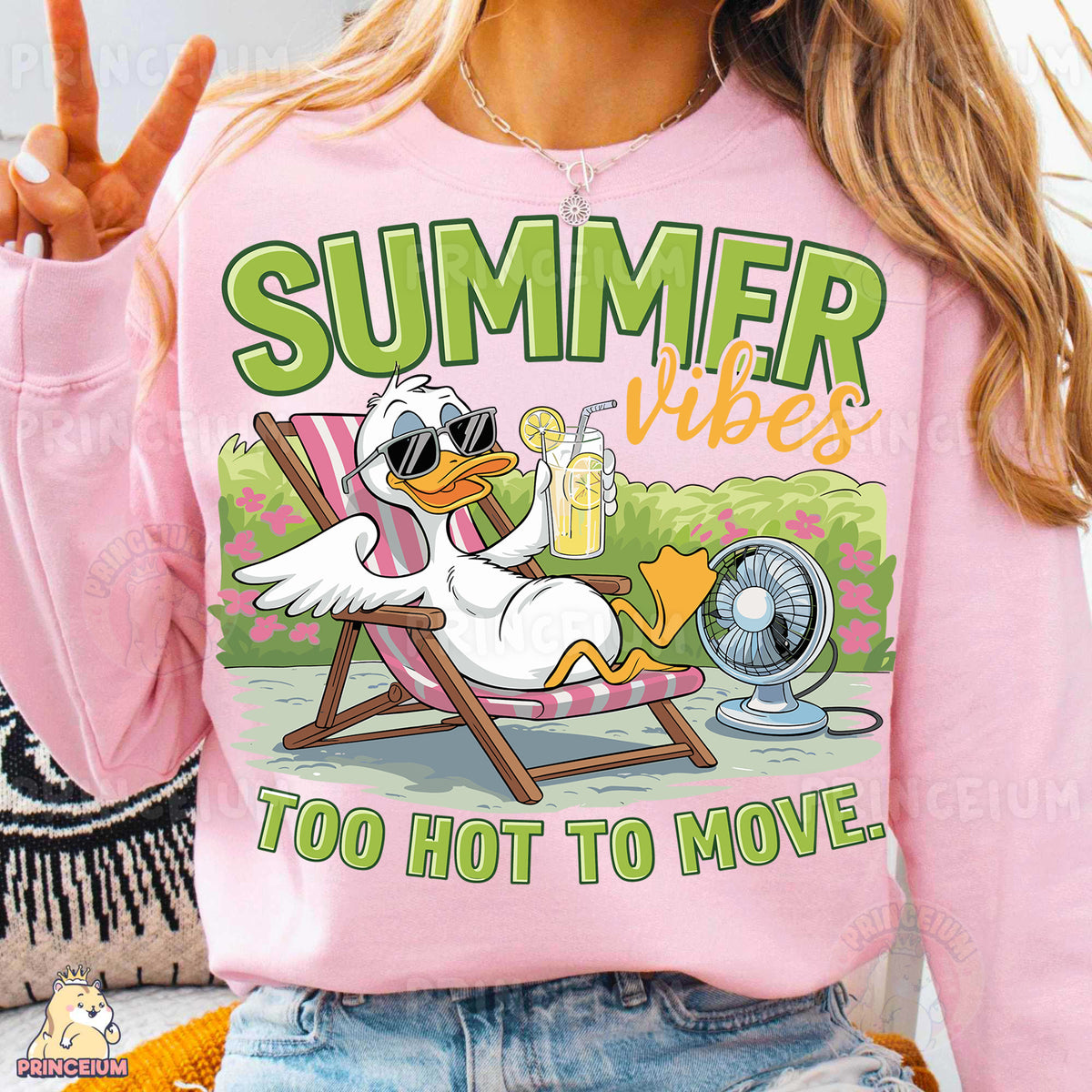 a woman wearing a pink shirt that says summer vibes too hot to move