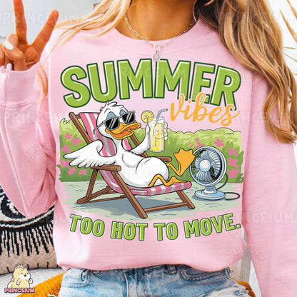 a woman wearing a pink shirt that says summer vibes too hot to move