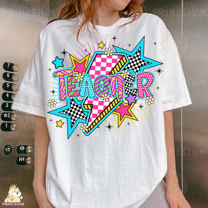a woman wearing a white tshirt that says teacher