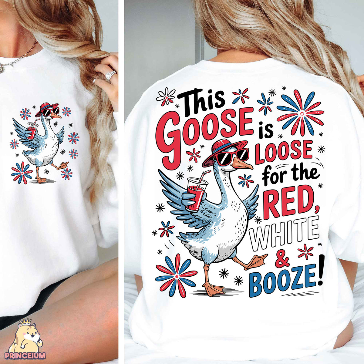 a woman wearing a white t - shirt with a picture of a goose on it