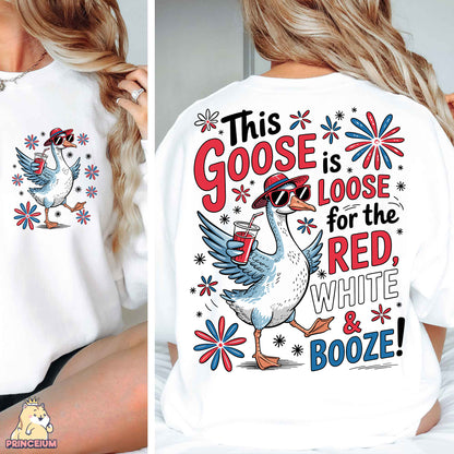 a woman wearing a white t - shirt with a picture of a goose on it