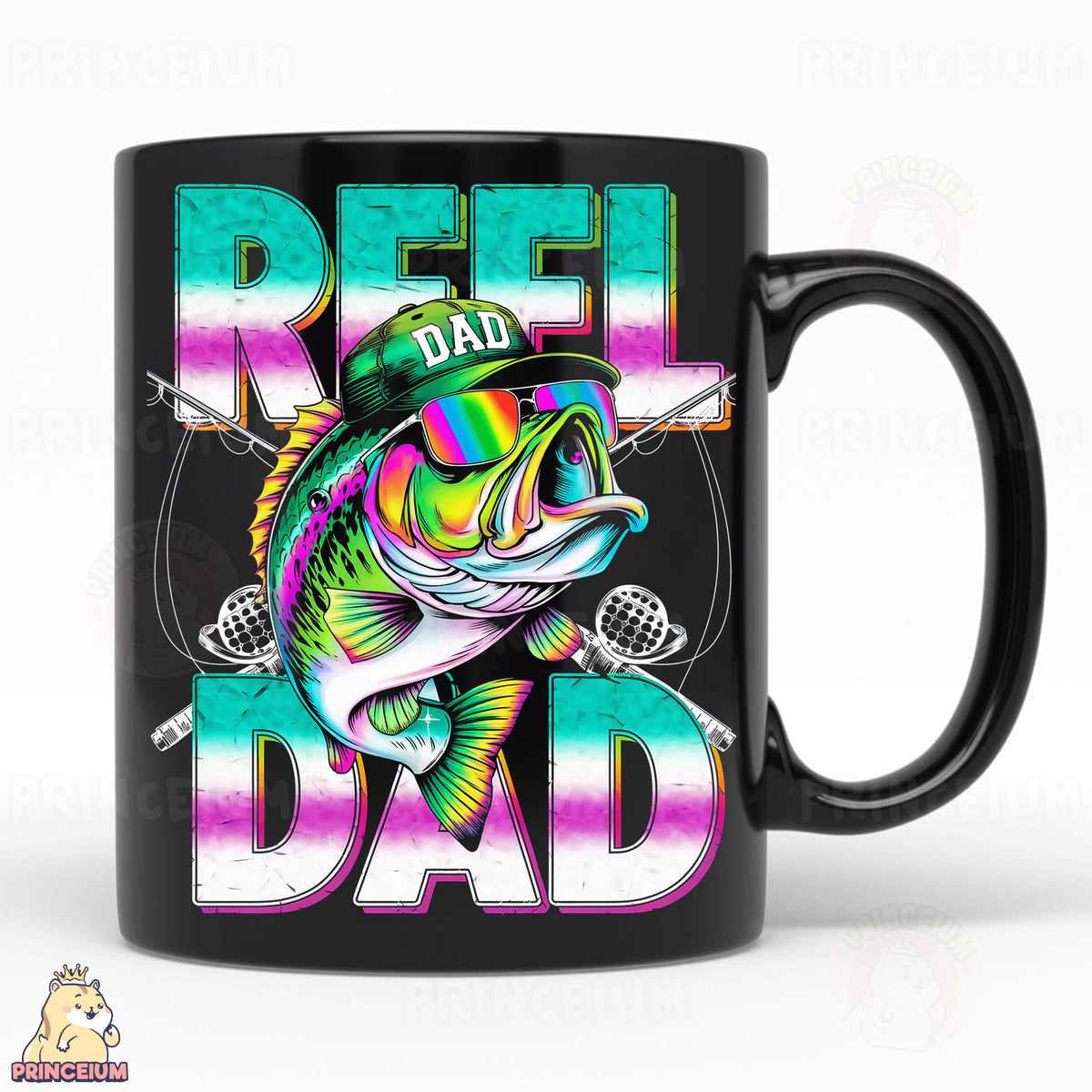 a black coffee mug with a colorful fish on it