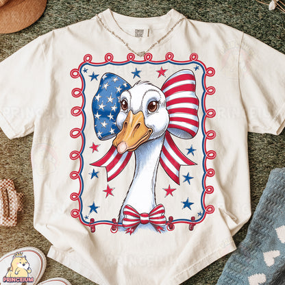 a t - shirt with a picture of a duck wearing an american flag hat