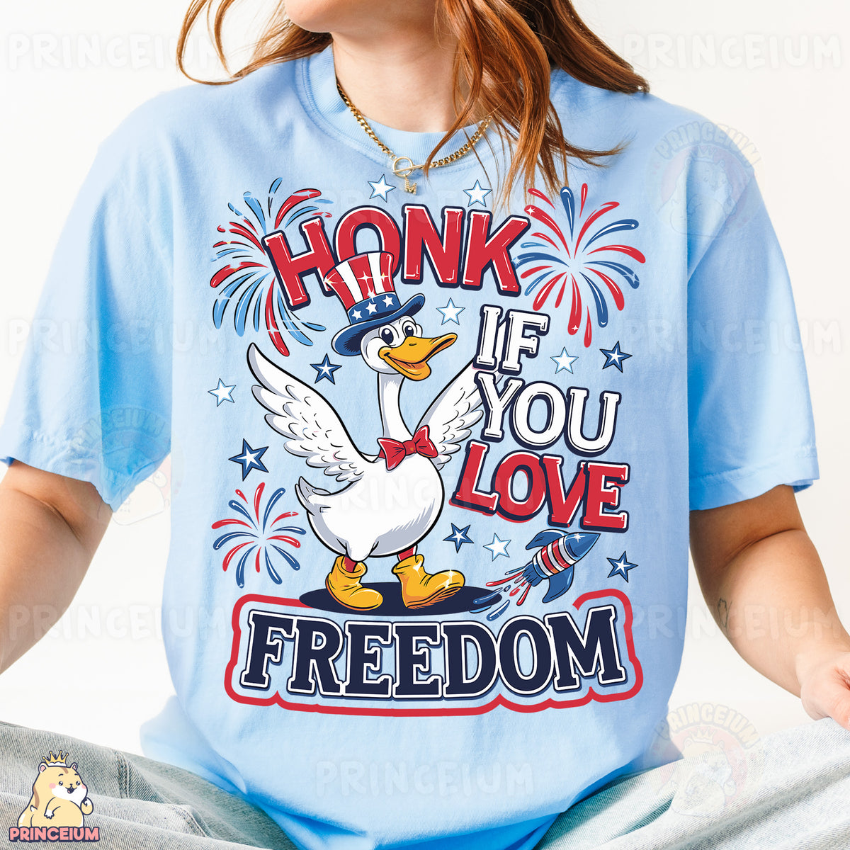 a woman wearing a shirt that says honk if you love freedom