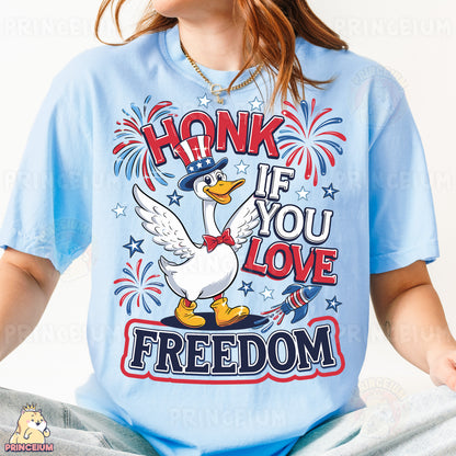 a woman wearing a shirt that says honk if you love freedom