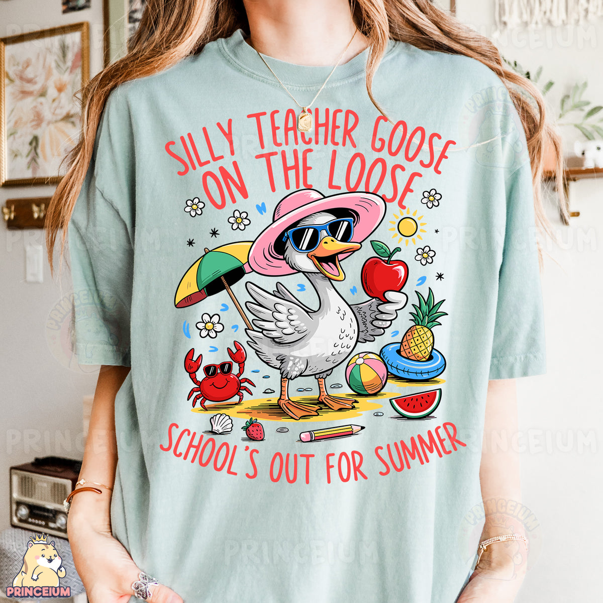 a girl wearing a t - shirt that says, silly teacher goose on the loose