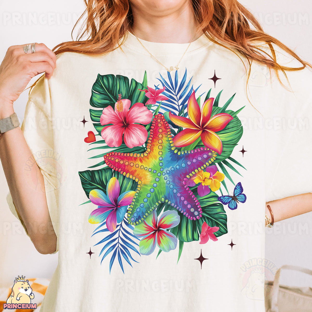 a woman wearing a t - shirt with a starfish and flowers on it