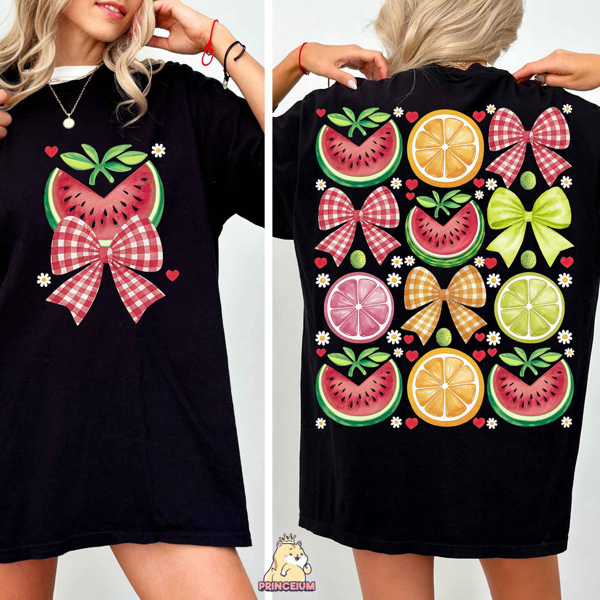 a woman wearing a black shirt with fruit on it