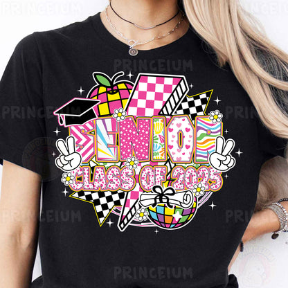 a woman wearing a black shirt with a pink and white checkered design