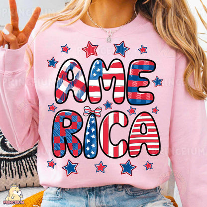 a woman wearing a pink shirt with american stars and stripes on it