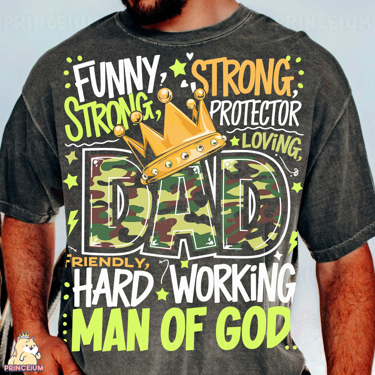 a man wearing a funny t - shirt with a crown on it
