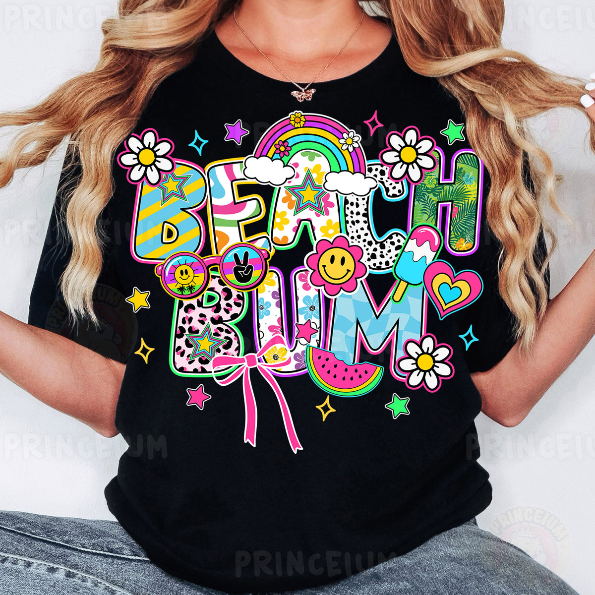 a woman wearing a black t - shirt that says happy mum
