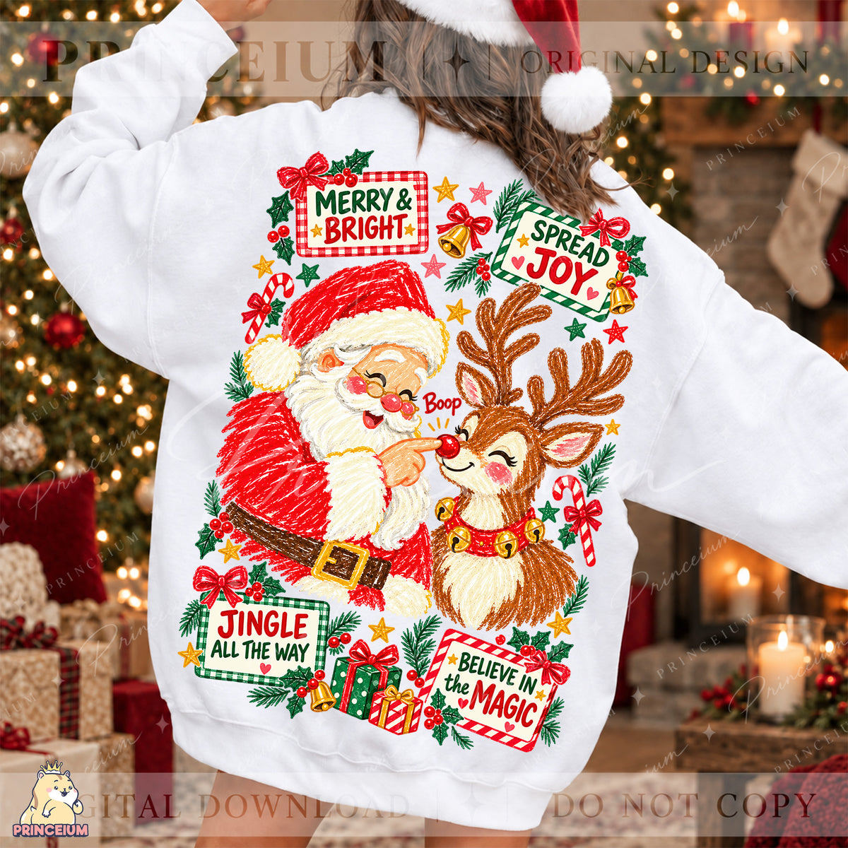 Santa & Reindeer Christmas PNG  Merry & Bright Holiday Design Digital Download