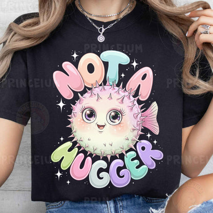 a woman wearing a black t - shirt with a puffy puffy puffy