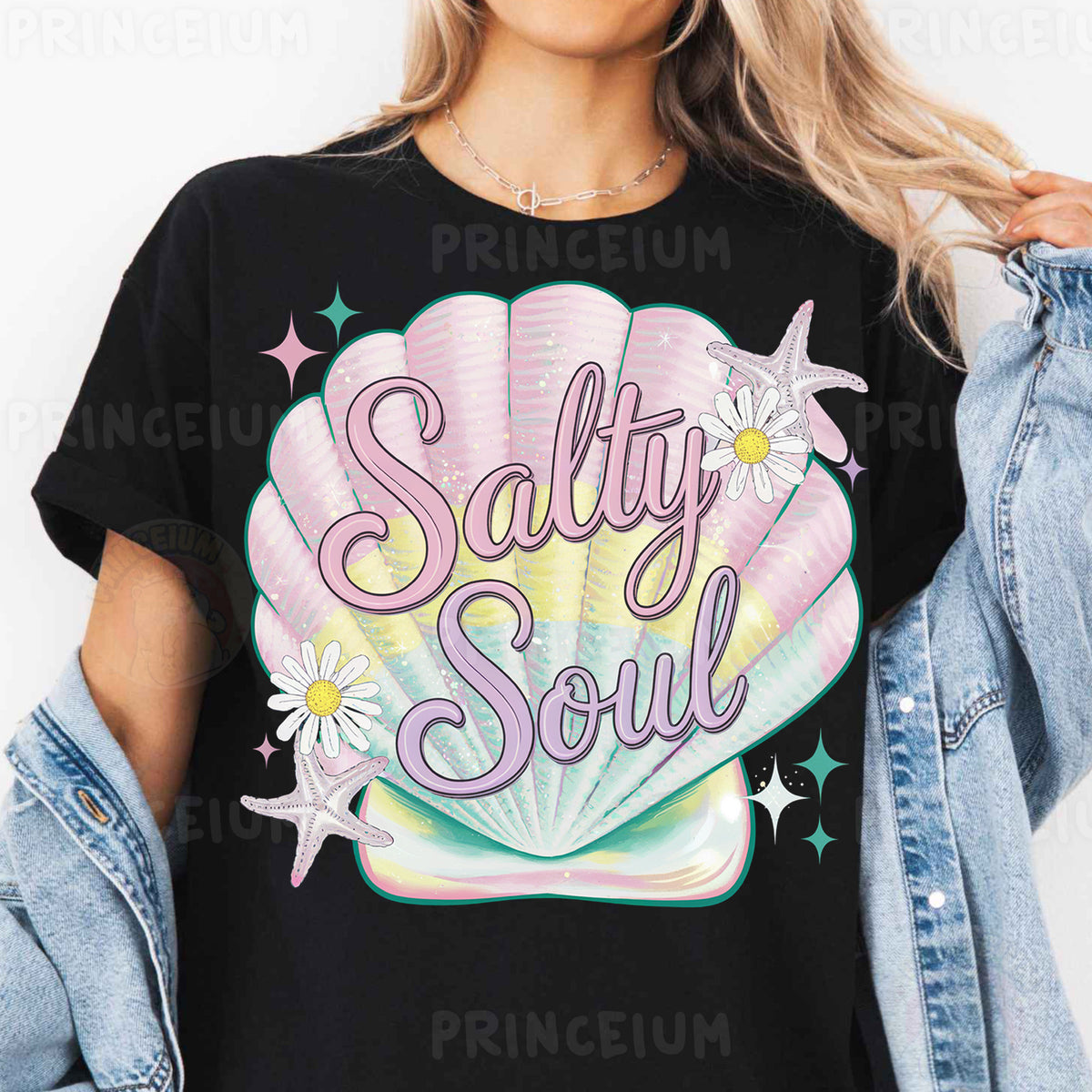 a woman wearing a t - shirt that says salty soul