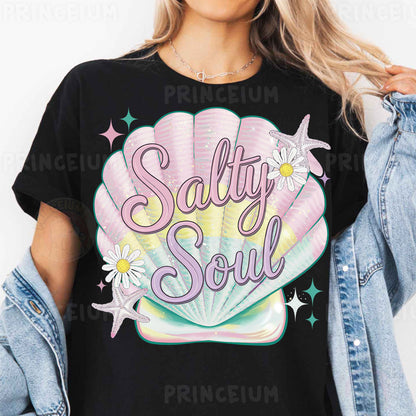 a woman wearing a t - shirt that says salty soul