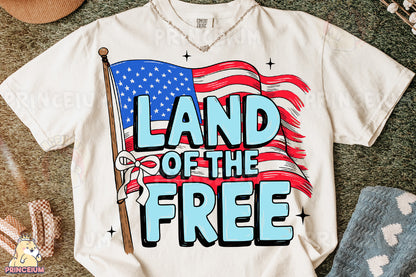a t - shirt that says land of the free with an american flag and a
