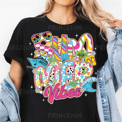 a woman wearing a black shirt that says summer vibes