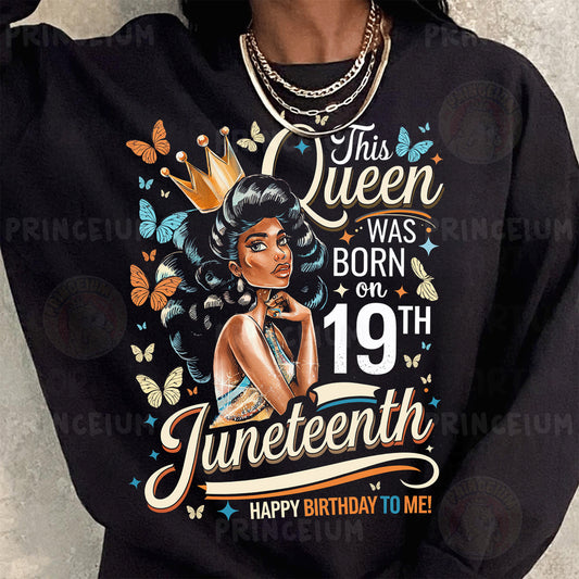 a woman wearing a black sweatshirt with a picture of a woman wearing a tiara