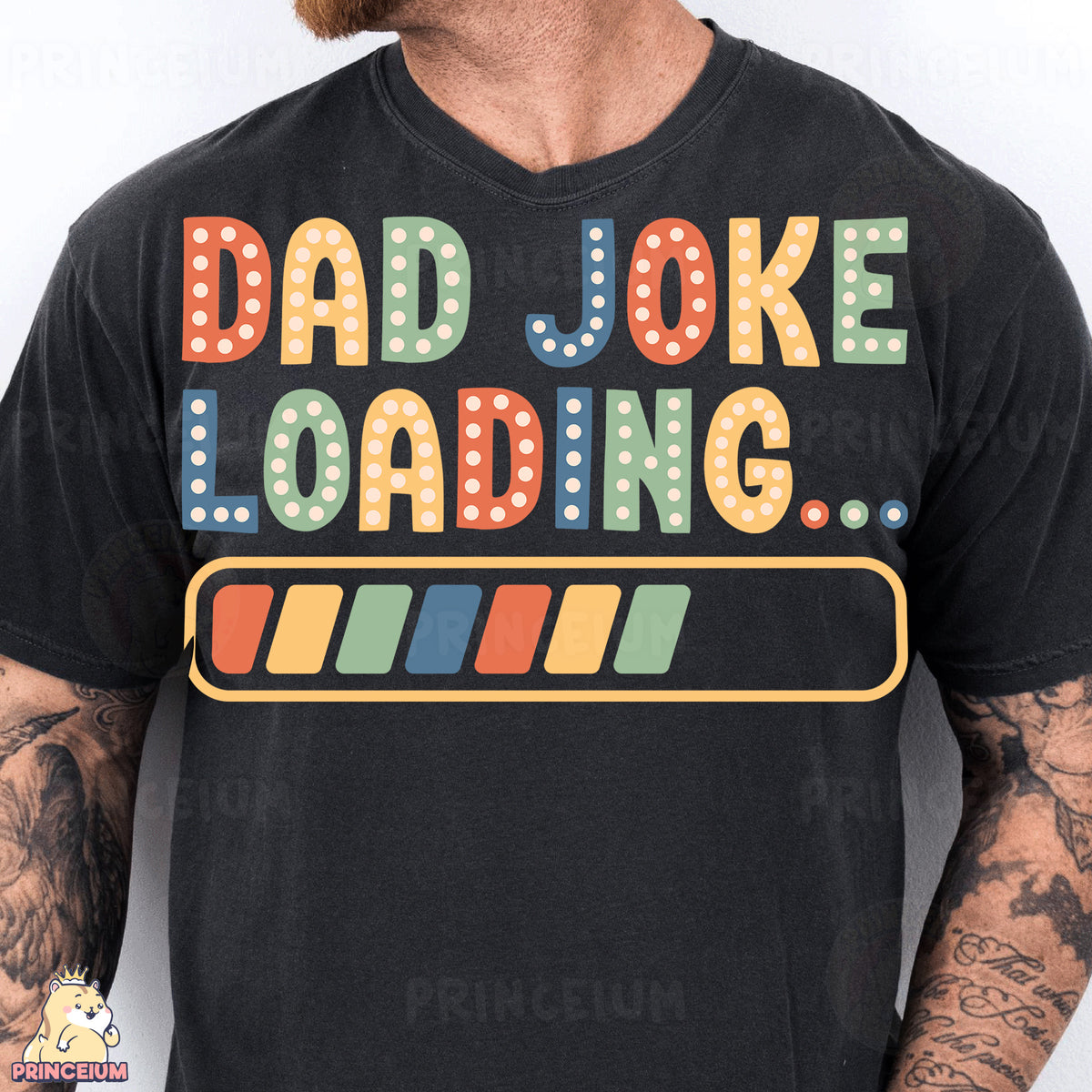 a man wearing a t - shirt that says dad joke loading