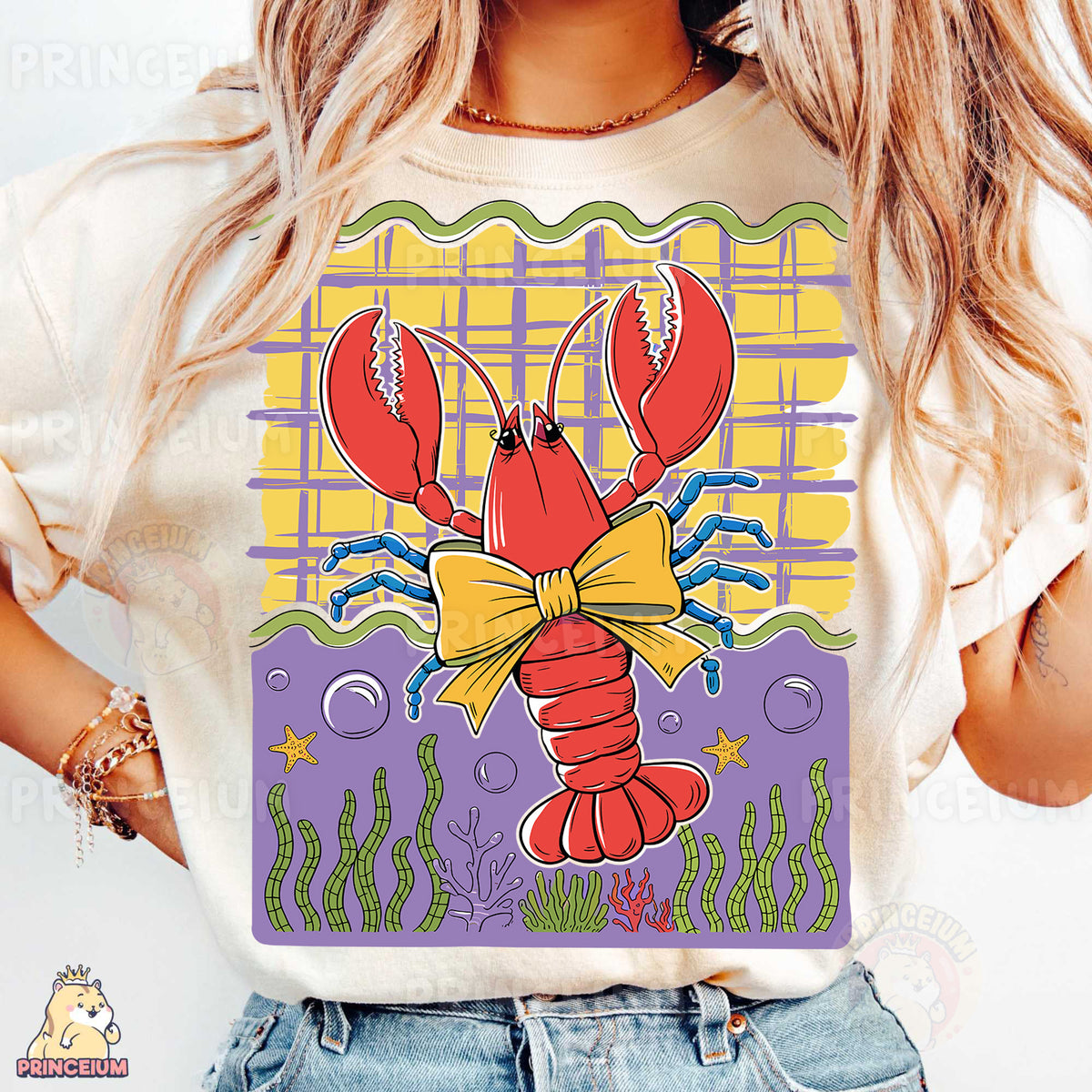 a woman wearing a t - shirt with a lobster on it
