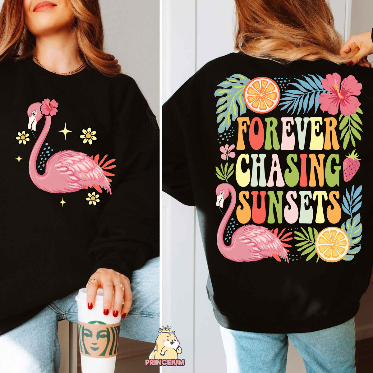 a woman wearing a black sweatshirt with flamingos on it