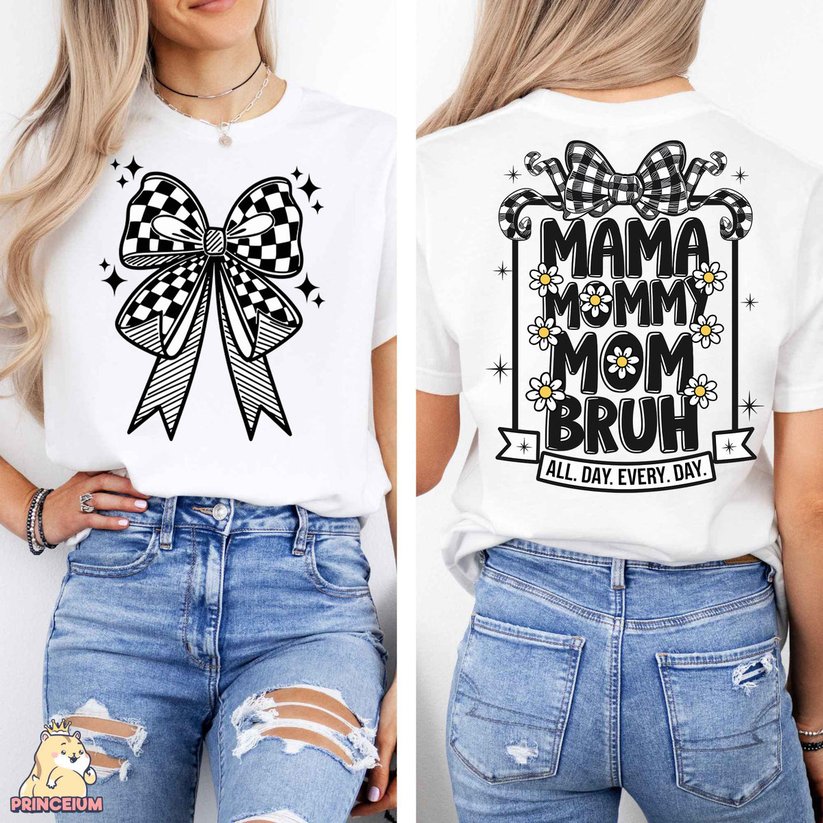 a woman wearing a t - shirt with a bow on it
