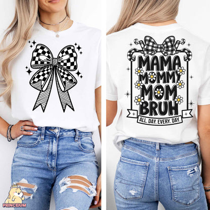 a woman wearing a t - shirt with a bow on it