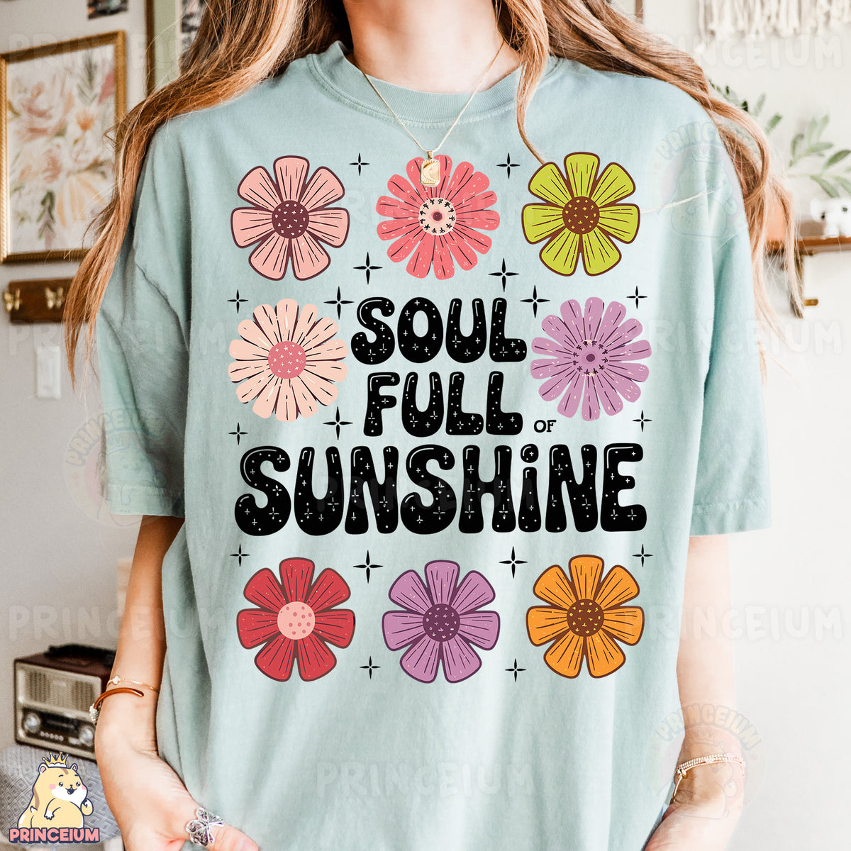 a woman wearing a t - shirt that says soul full of sunshine