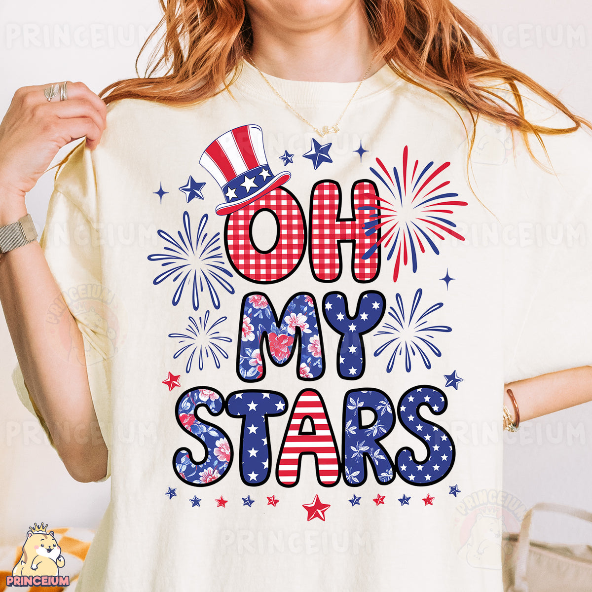 a woman wearing a t - shirt that says oh my stars