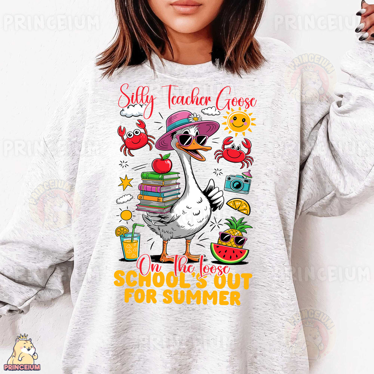 a woman wearing a sweatshirt that says silly teacher goes to school out for summer