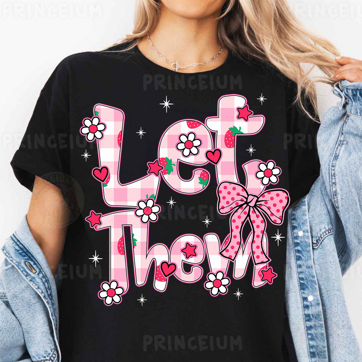 a woman wearing a black shirt that says let them