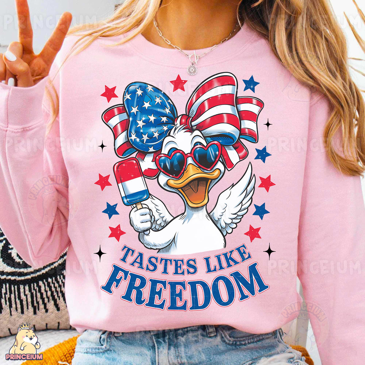 a woman wearing a pink shirt with a duck wearing sunglasses